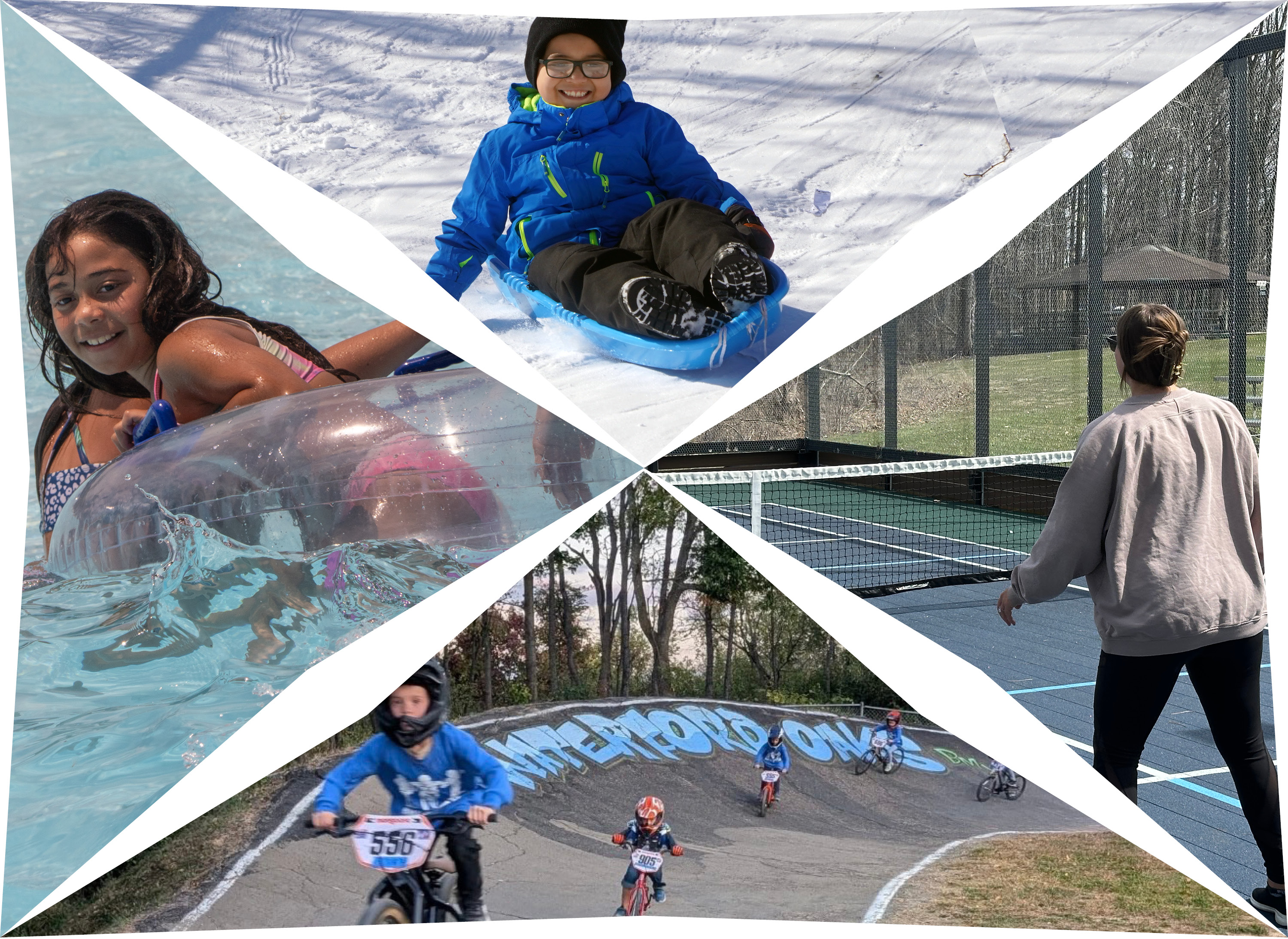 collage girl in pool, boy sledding, adult playing tennis, kids BMX riding
