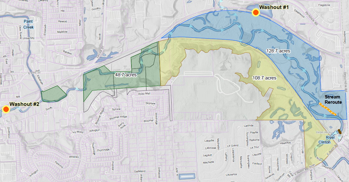 map of the new park, including OCP owned property (blue), Rochester Hills owned (yellow) and Rochester (green)