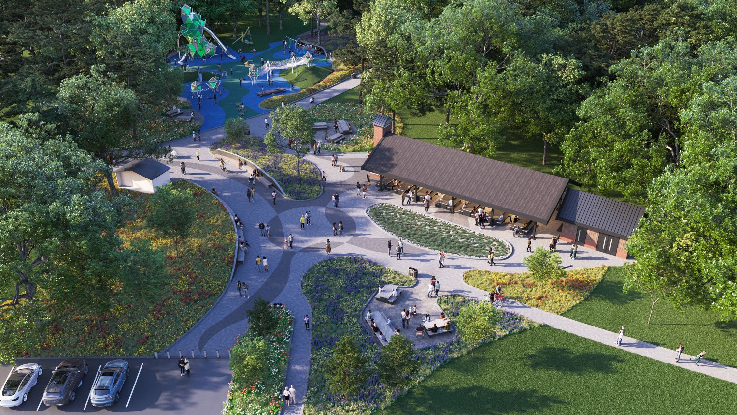 birds eye rendering of entry plaza, pavilion, warming kitchen and playground
