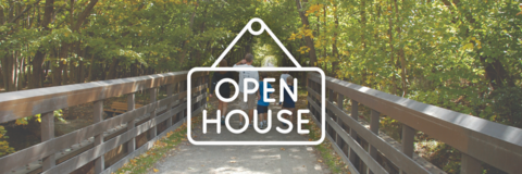 picture of walking trail with open house sign in front