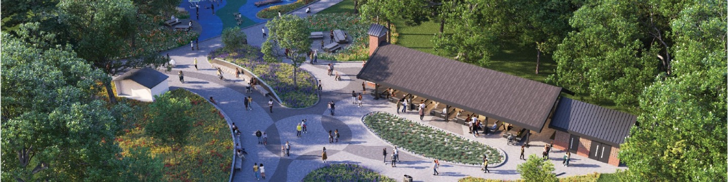 overhead view of a park design rendering with concrete paths, trees, and a pavilion building