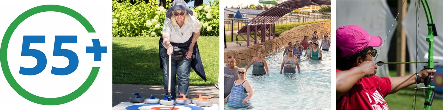 Collage of 4 photos: the 55+ team logo, a woman participating in curling, a group of adults walking in a lazy river, and an adult shooting a bow