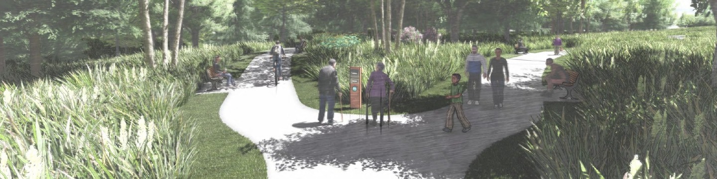 Artistic rendering of accessible pathways throughout naturalized area