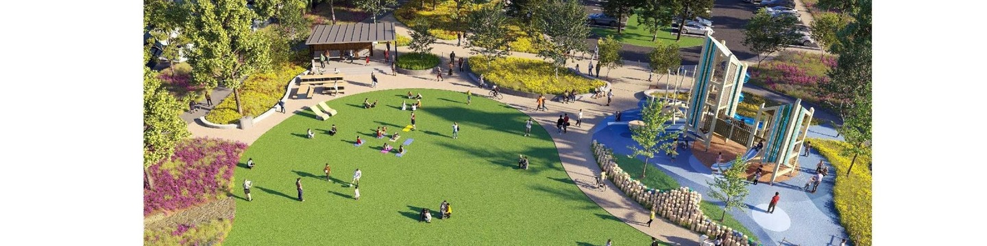 Artistic rendering of Red Oaks Play Garden open lawn, play area and front porch