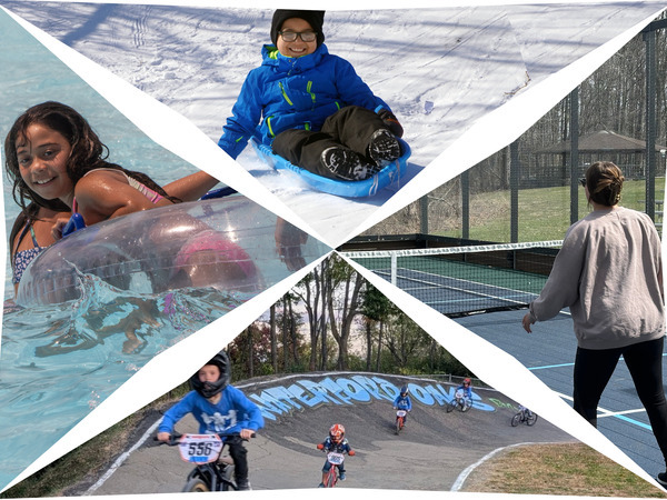 collage of girl in wavepool, three BMX riders, one platform tennis player and one child sledding