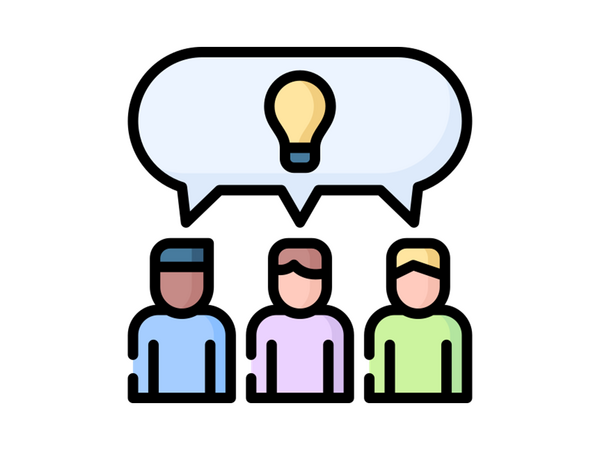 icon of three people connected by a talk bubble with a lightbulb inside