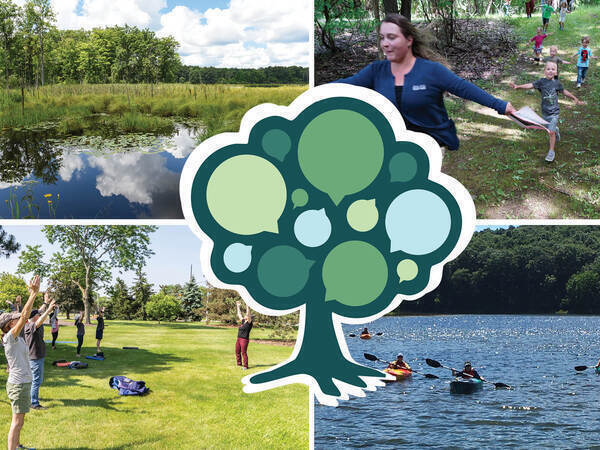 collage of wetland, nature hike, group outdoor yoga, large kayak group