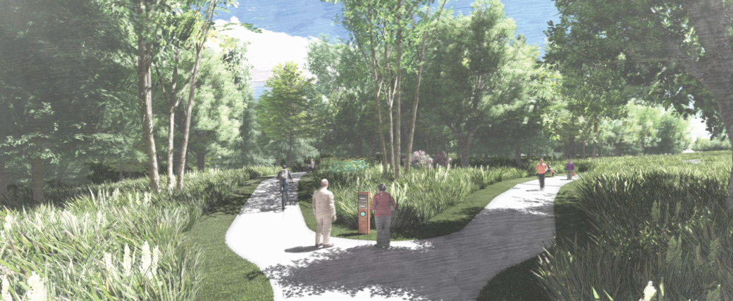 an artistic rendering of a forked paved pathway leading into the distance surrounded by green