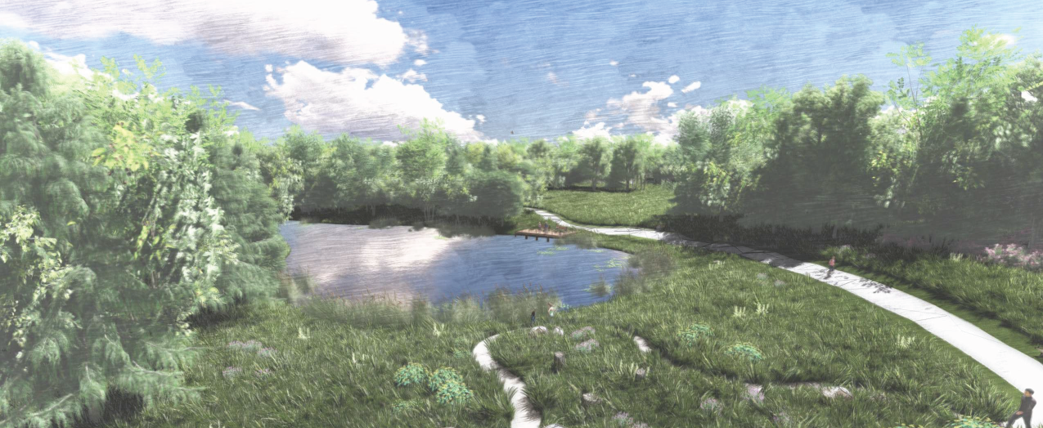 an artistic rendering of a paved pathway among grass, a lake, and trees
